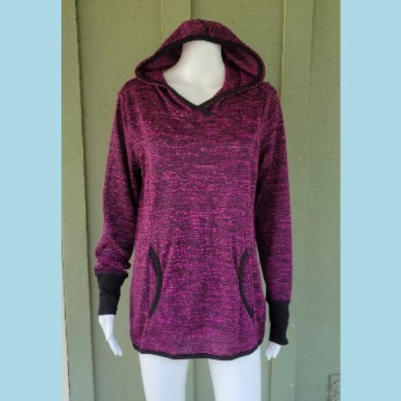 RBK Reebok Magenta Black Tweed Hoodie Athletic Top M Kangaroo Pockets - Picture 1 of 4